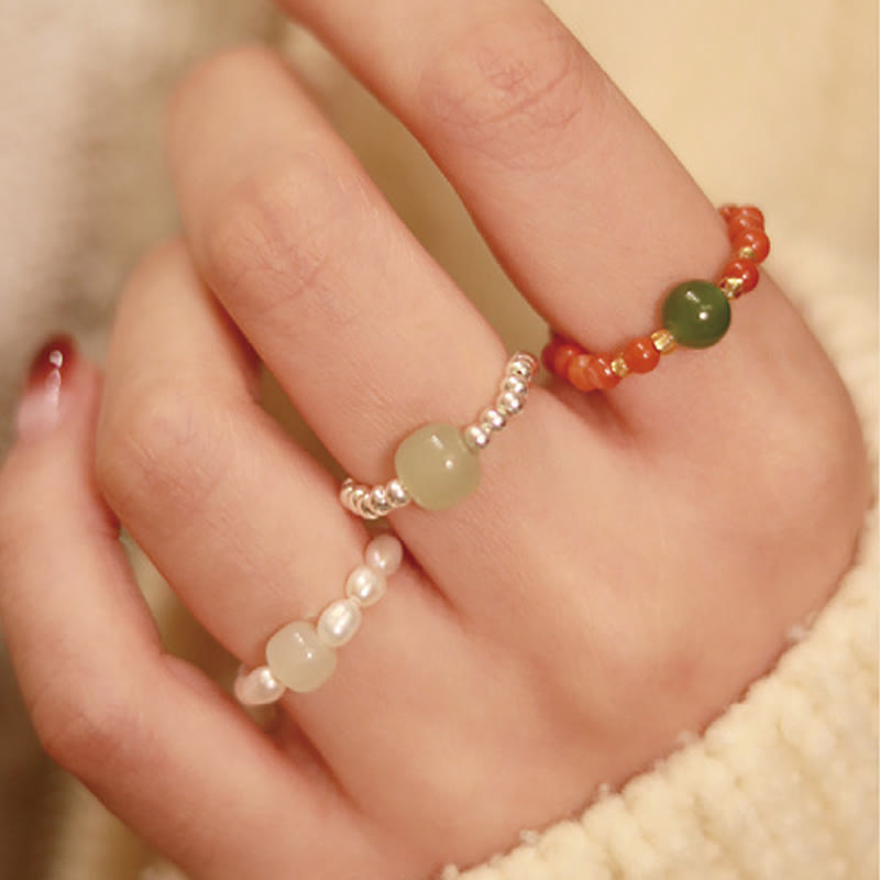 EverestArtstudios 925 Sterling Silver Natural Small Hetian Jade Red Agate Pearl Bead Prosperity Elastic Ring