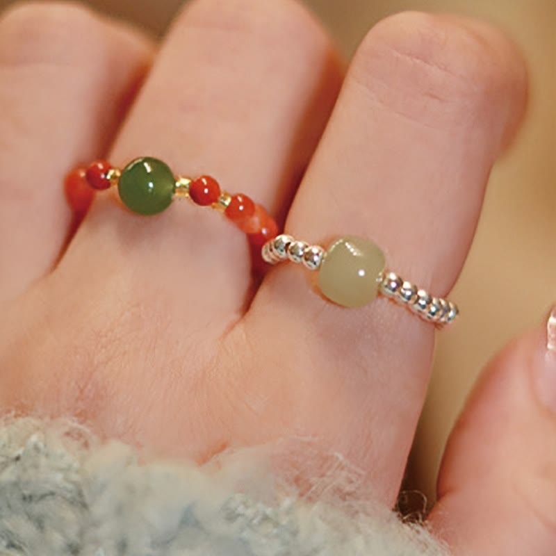 EverestArtstudios 925 Sterling Silver Natural Small Hetian Jade Red Agate Pearl Bead Prosperity Elastic Ring