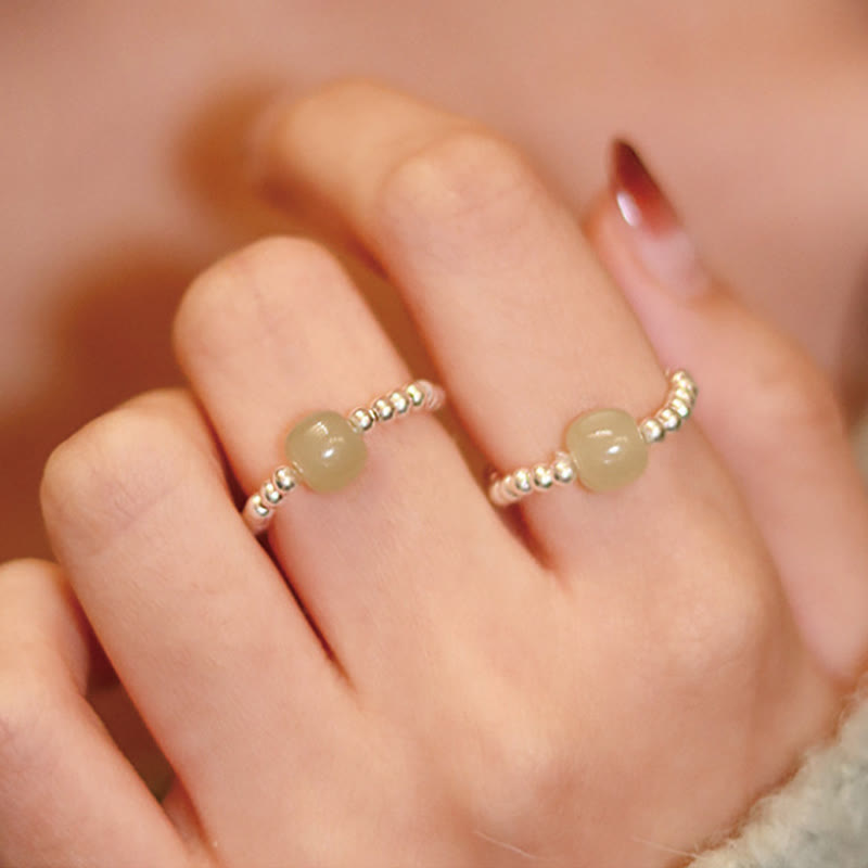 EverestArtstudios 925 Sterling Silver Natural Small Hetian Jade Red Agate Pearl Bead Prosperity Elastic Ring