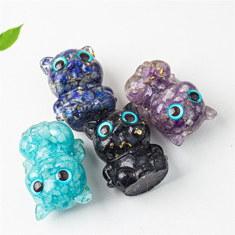Buddha Stones Cute Cat Lazurite Lapis Lazuli Amethyst Black Obsidian Aquamarine Crystal Resin Positive Home Decoration