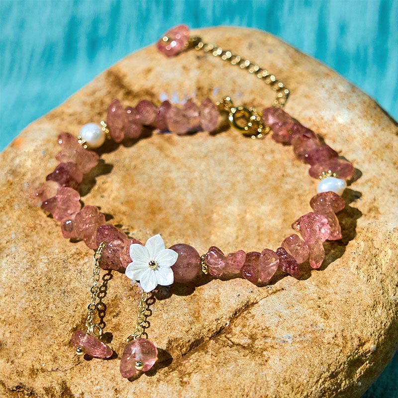 EverestArtstudios Natural Strawberry Quartz Green Strawberry Quartz Super Seven Crystal Flower Healing Bracelet