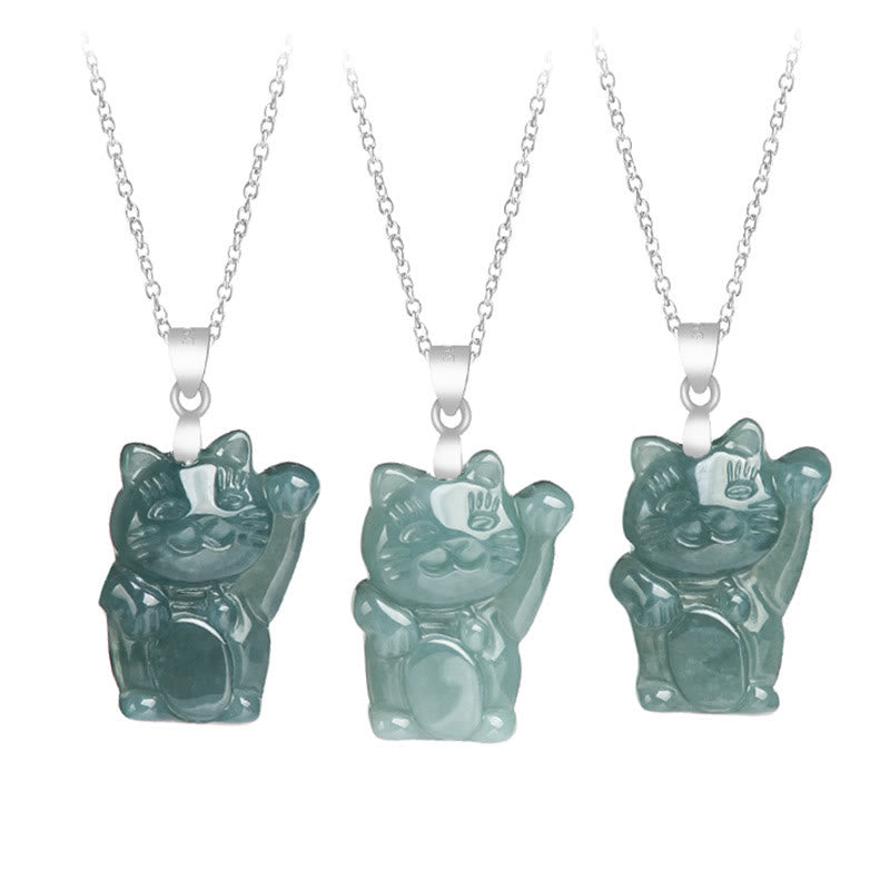 EverestArtstudios Natural Jade Lucky Cat Abundance Titanium Steel Necklace Pendant