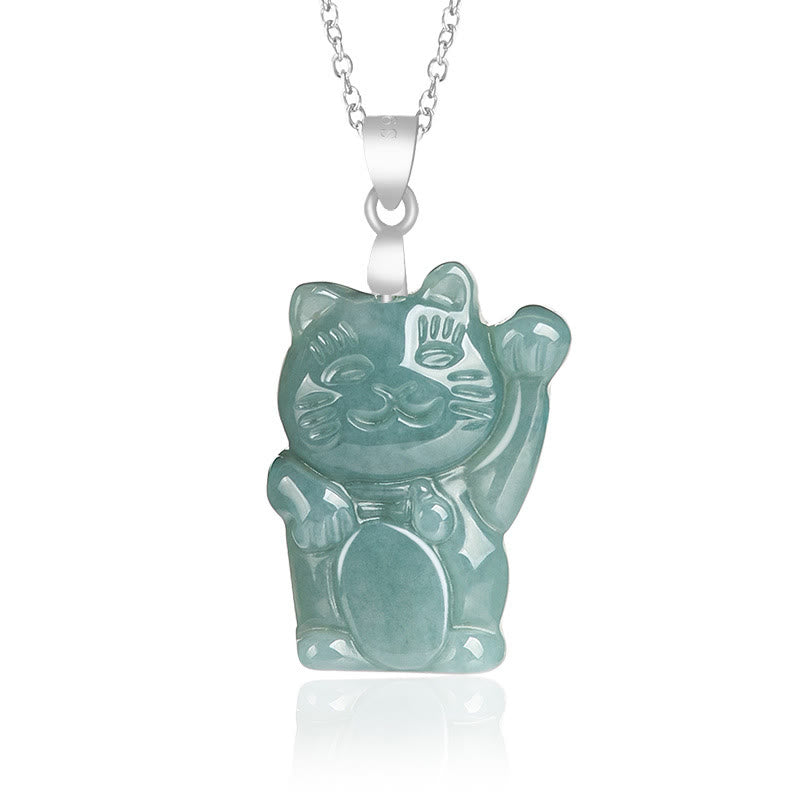 EverestArtstudios Natural Jade Lucky Cat Abundance Titanium Steel Necklace Pendant