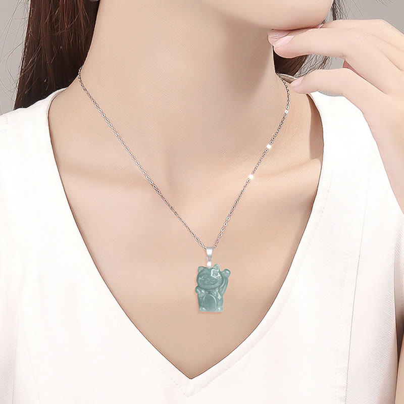 EverestArtstudios Natural Jade Lucky Cat Abundance Titanium Steel Necklace Pendant