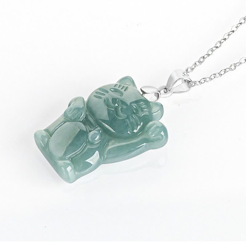 EverestArtstudios Natural Jade Lucky Cat Abundance Titanium Steel Necklace Pendant