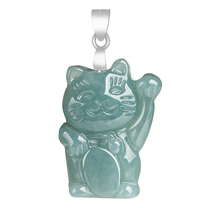 EverestArtstudios Natural Jade Lucky Cat Abundance Titanium Steel Necklace Pendant