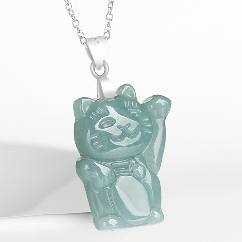 EverestArtstudios Natural Jade Lucky Cat Abundance Titanium Steel Necklace Pendant