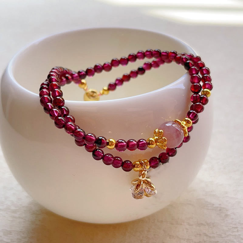 EverestArtstudios Natural Flower Garnet Pink Crystal Calm Double Wrap Bracelet