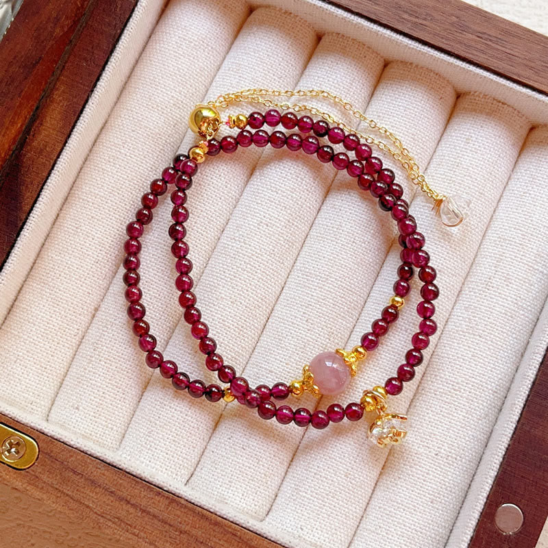 EverestArtstudios Natural Flower Garnet Pink Crystal Calm Double Wrap Bracelet