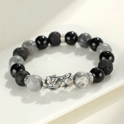 Buddha Stones 999 Sterling Silver PiXiu Black Onyx Grey Jasper Lava Rock Protection Bracelet