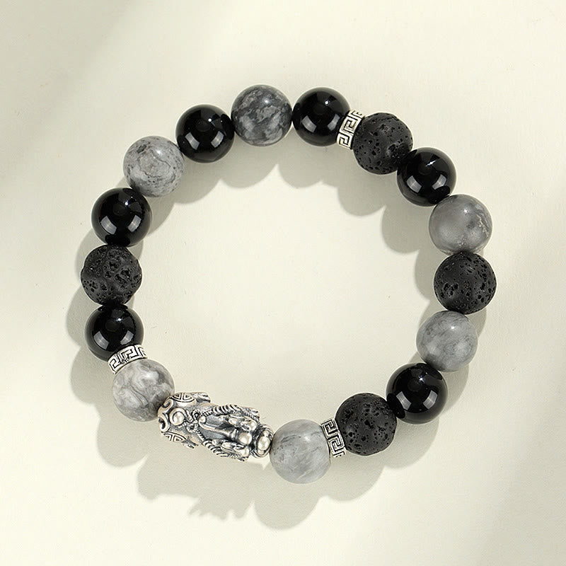 Buddha Stones 999 Sterling Silver PiXiu Black Onyx Grey Jasper Lava Rock Protection Bracelet