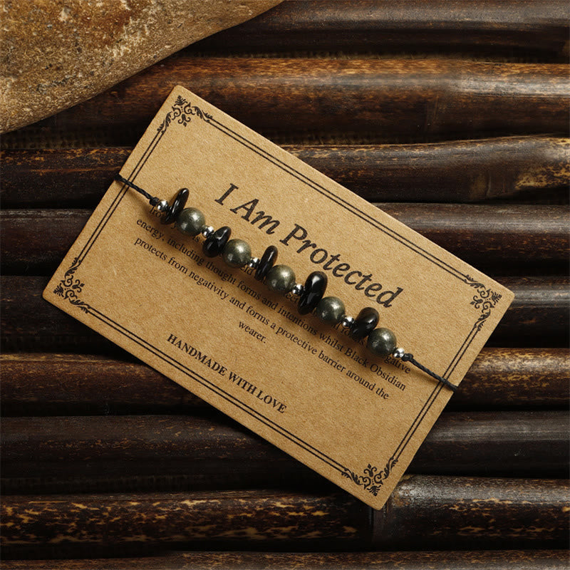EverestArtstudios I Am Protected Iron Pyrite Black Obsidian Fulfillment Bracelet