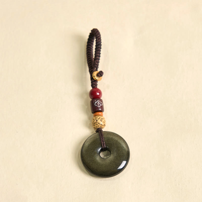 Buddha Stones Natural Gold Sheen Obsidian Peace Buckle Strengthen Key Chain