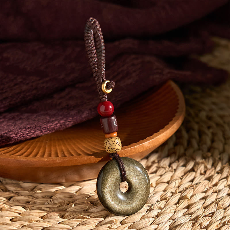 Buddha Stones Natural Gold Sheen Obsidian Peace Buckle Strengthen Key Chain