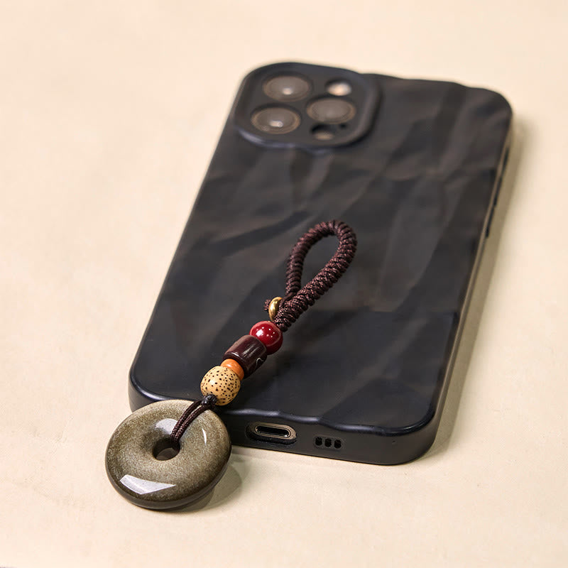 Buddha Stones Natural Gold Sheen Obsidian Peace Buckle Strengthen Key Chain