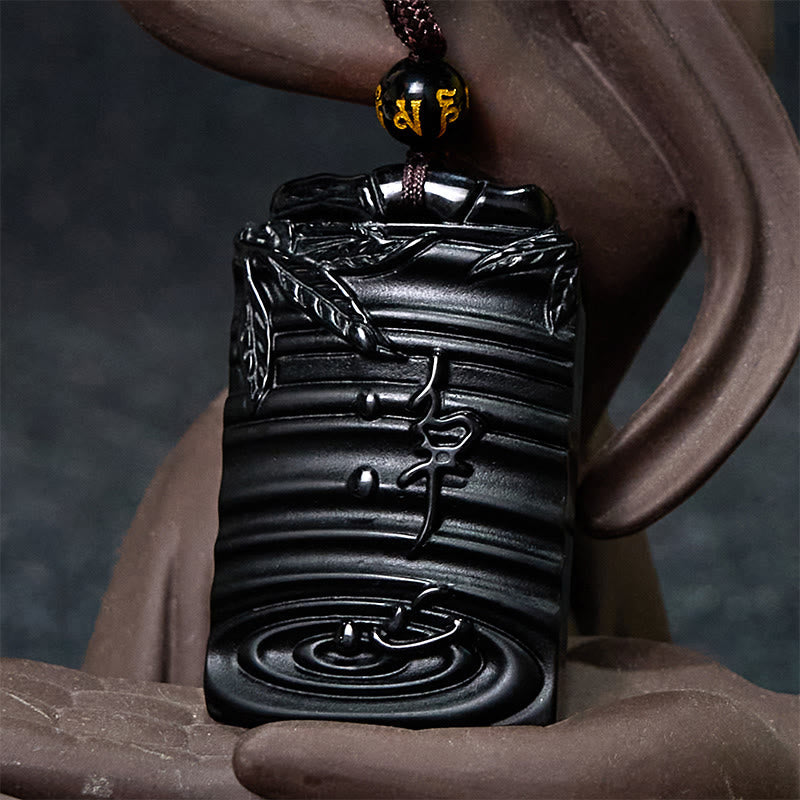 Buddha Stones Natural Black Obsidian Bamboo Fulfillment Necklace Pendant