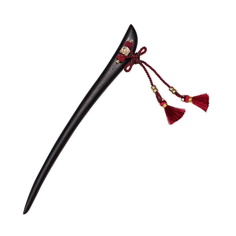 Buddha Stones Ebony Red String Chinese Knot Tassel Protection Hairpin