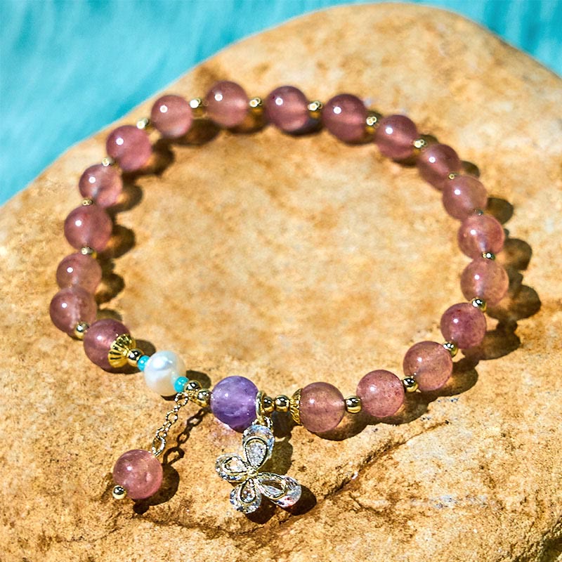 EverestArtstudios Natural Strawberry Quartz Green Strawberry Quartz Butterfly Charm Love Bracelet