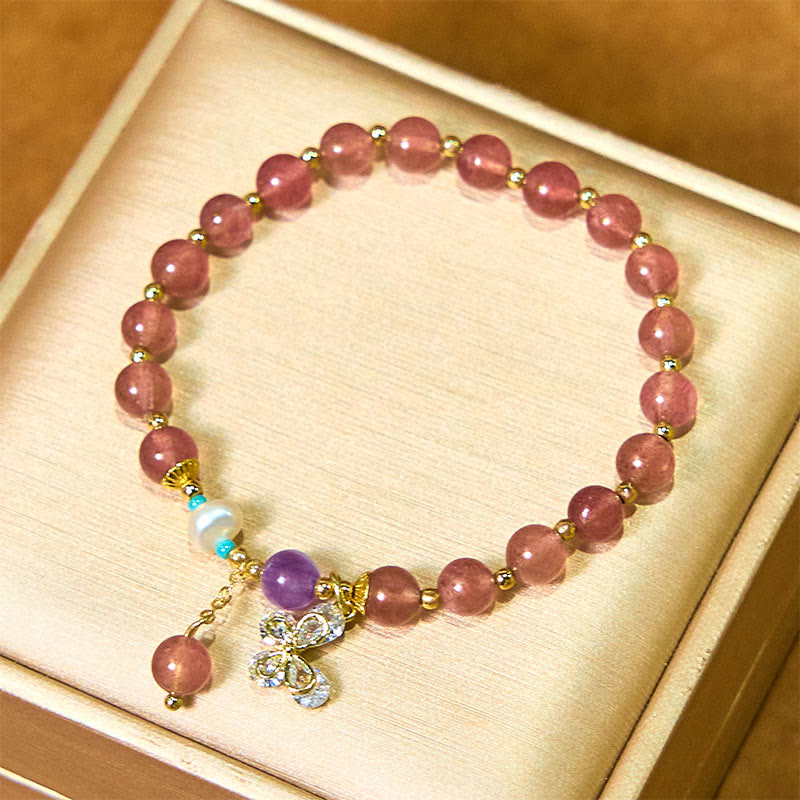 EverestArtstudios Natural Strawberry Quartz Green Strawberry Quartz Butterfly Charm Love Bracelet
