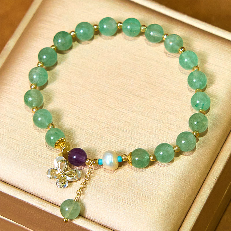 EverestArtstudios Natural Strawberry Quartz Green Strawberry Quartz Butterfly Charm Love Bracelet