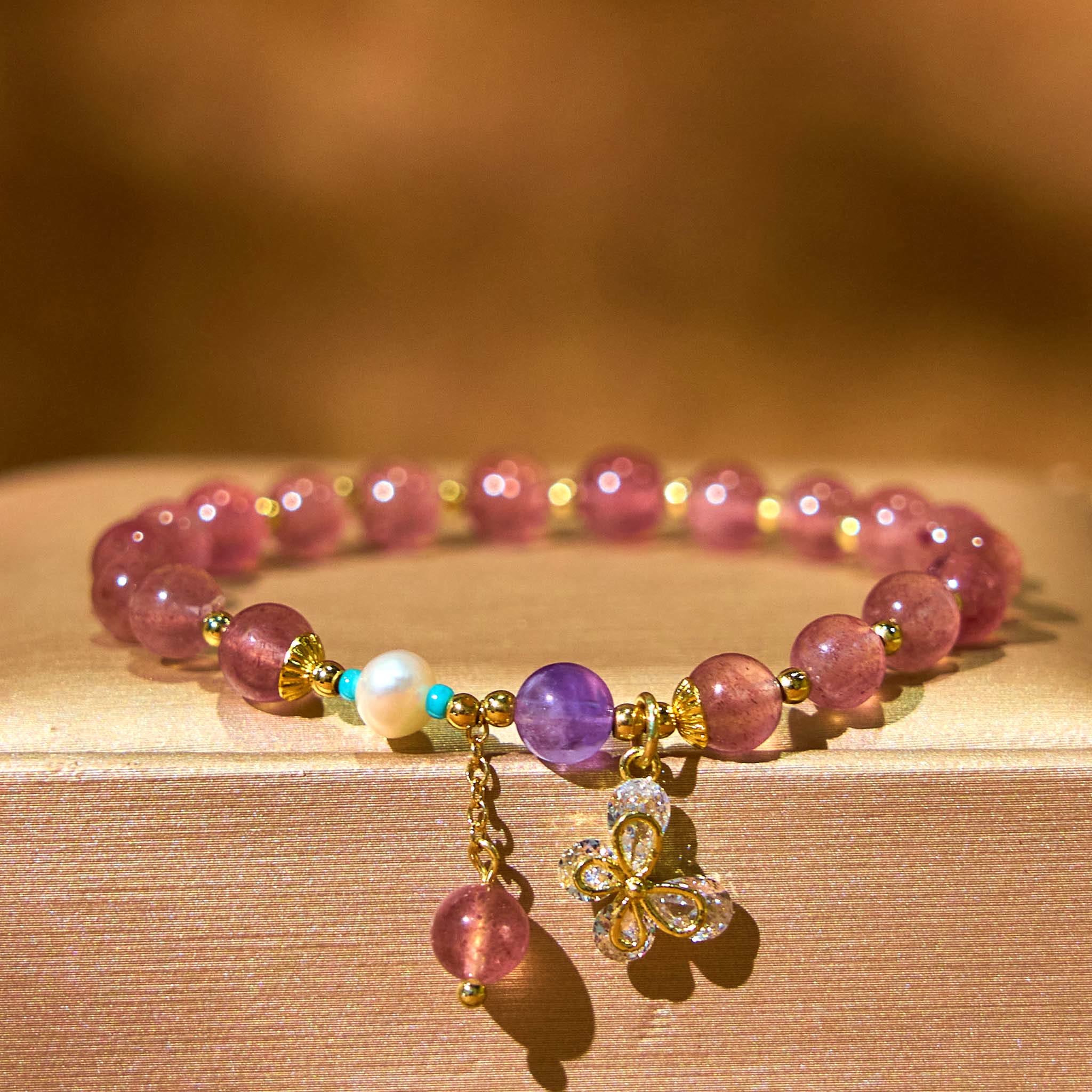 EverestArtstudios Natural Strawberry Quartz Green Strawberry Quartz Butterfly Charm Love Bracelet