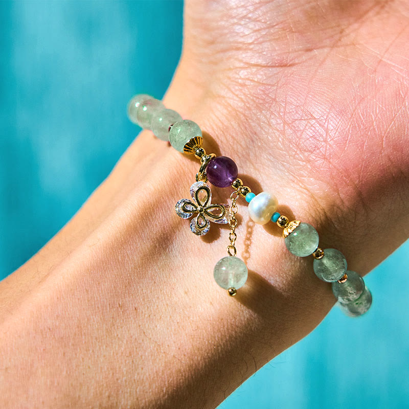 EverestArtstudios Natural Strawberry Quartz Green Strawberry Quartz Butterfly Charm Love Bracelet