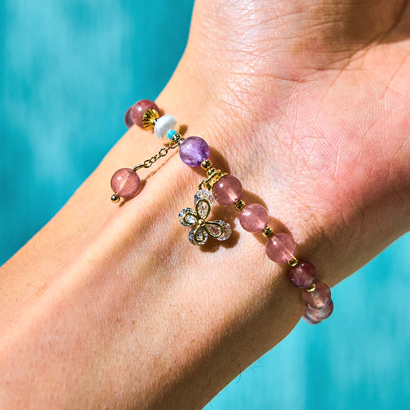 EverestArtstudios Natural Strawberry Quartz Green Strawberry Quartz Butterfly Charm Love Bracelet