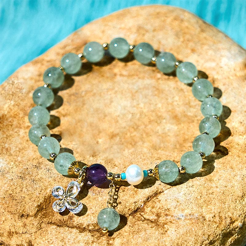 EverestArtstudios Natural Strawberry Quartz Green Strawberry Quartz Butterfly Charm Love Bracelet