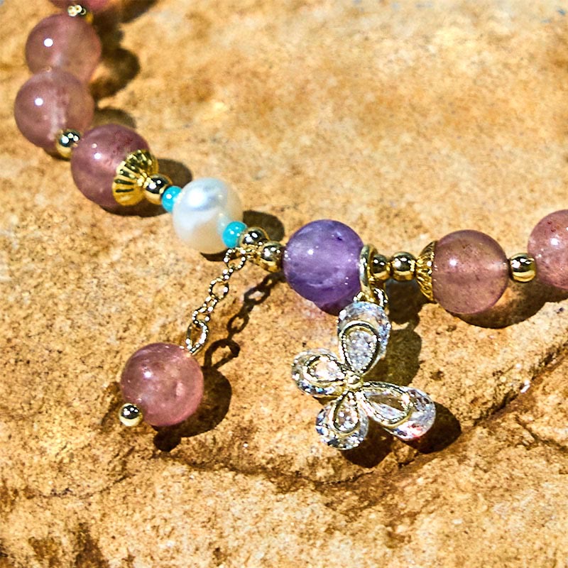 EverestArtstudios Natural Strawberry Quartz Green Strawberry Quartz Butterfly Charm Love Bracelet