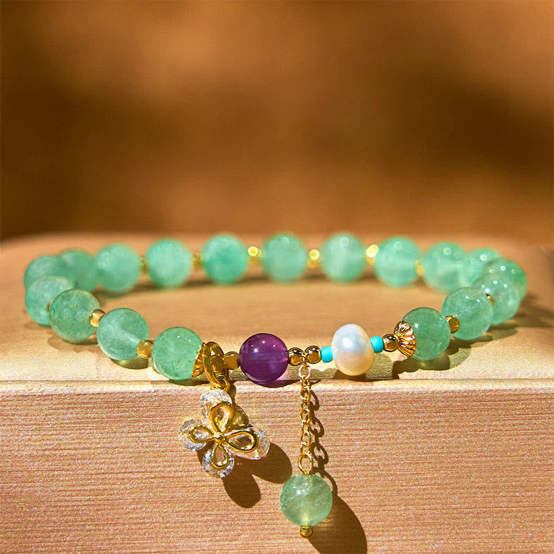 EverestArtstudios Natural Strawberry Quartz Green Strawberry Quartz Butterfly Charm Love Bracelet