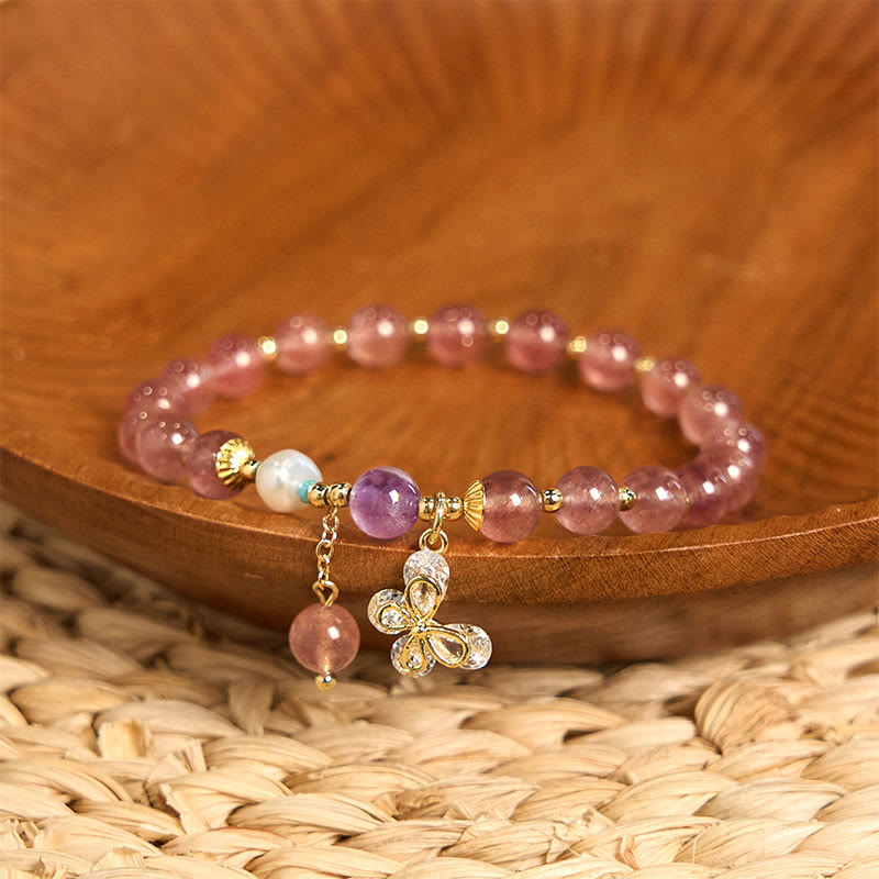 EverestArtstudios Natural Strawberry Quartz Green Strawberry Quartz Butterfly Charm Love Bracelet
