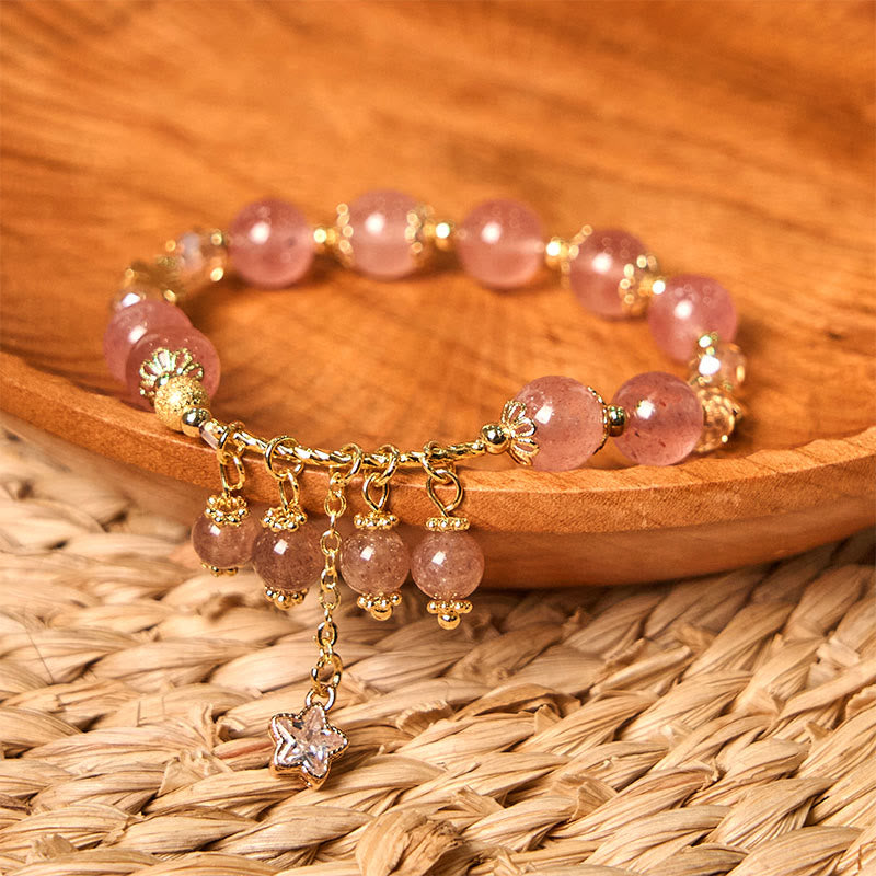 EverestArtstudios Natural Strawberry Quartz Four Leaf Clover Star Positive Bracelet