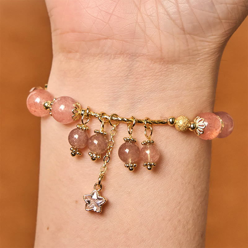 EverestArtstudios Natural Strawberry Quartz Four Leaf Clover Star Positive Bracelet