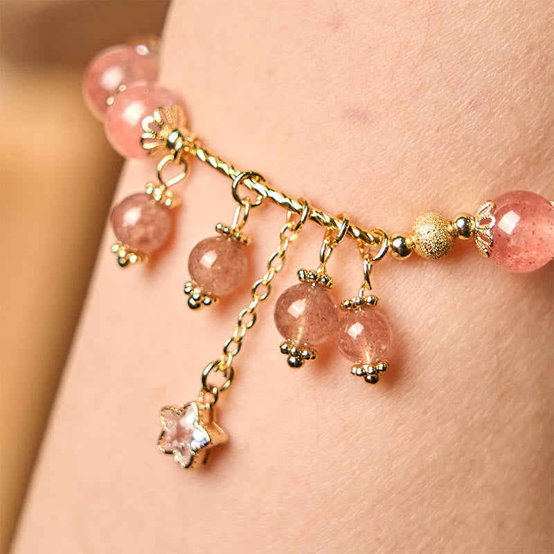EverestArtstudios Natural Strawberry Quartz Four Leaf Clover Star Positive Bracelet