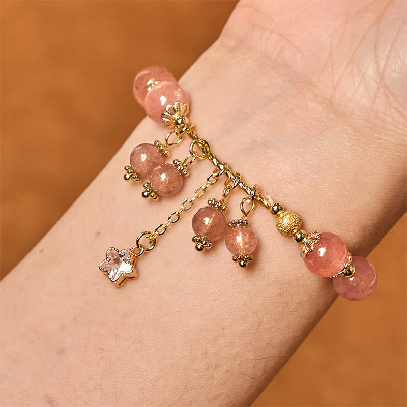EverestArtstudios Natural Strawberry Quartz Four Leaf Clover Star Positive Bracelet