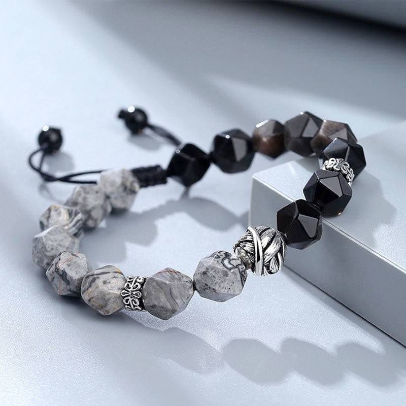 Bracelet obsidienne jaspe gris argent 925
