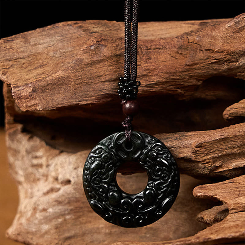 EverestArtstudios Tibetan Nanyang Black-Green Jade PiXiu Peace Buckle Protection Necklace Pendant