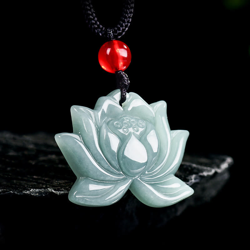 EverestArtstudios Lotus Flower Pattern Carved Jade Prosperity Necklace Pendant