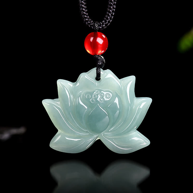 EverestArtstudios Lotus Flower Pattern Carved Jade Prosperity Necklace Pendant