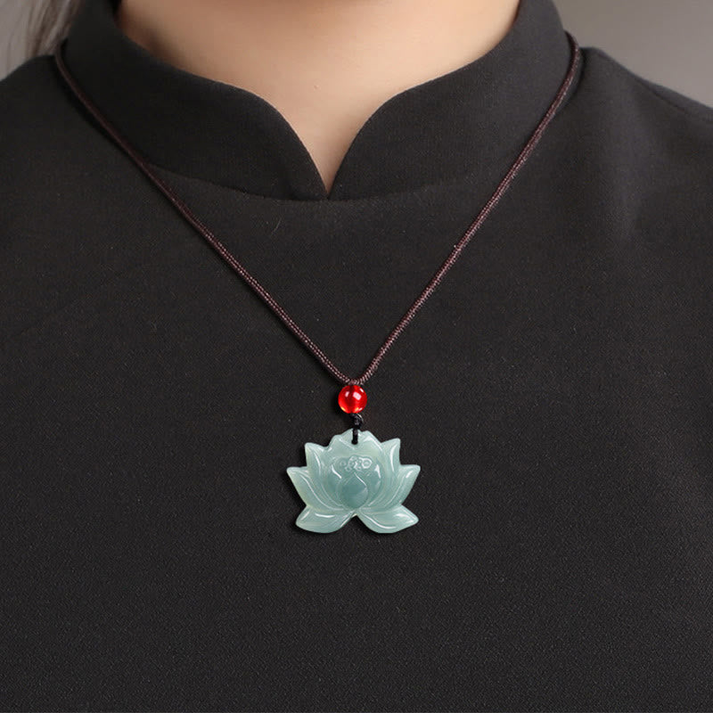 EverestArtstudios Lotus Flower Pattern Carved Jade Prosperity Necklace Pendant