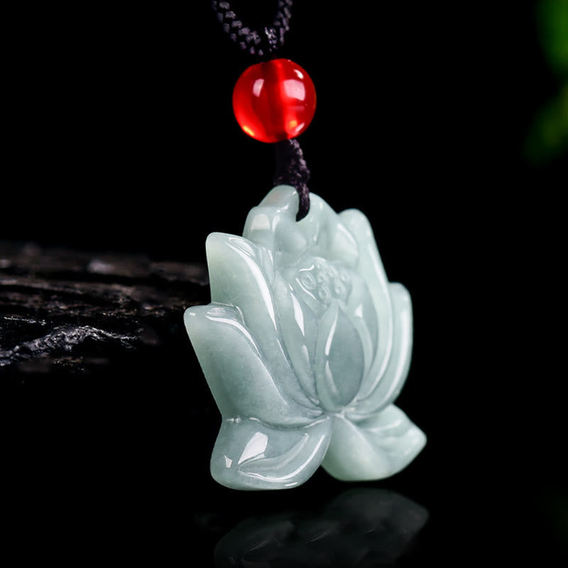 EverestArtstudios Lotus Flower Pattern Carved Jade Prosperity Necklace Pendant
