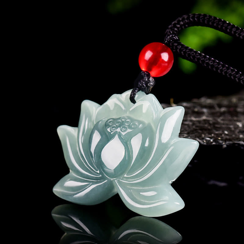 EverestArtstudios Lotus Flower Pattern Carved Jade Prosperity Necklace Pendant