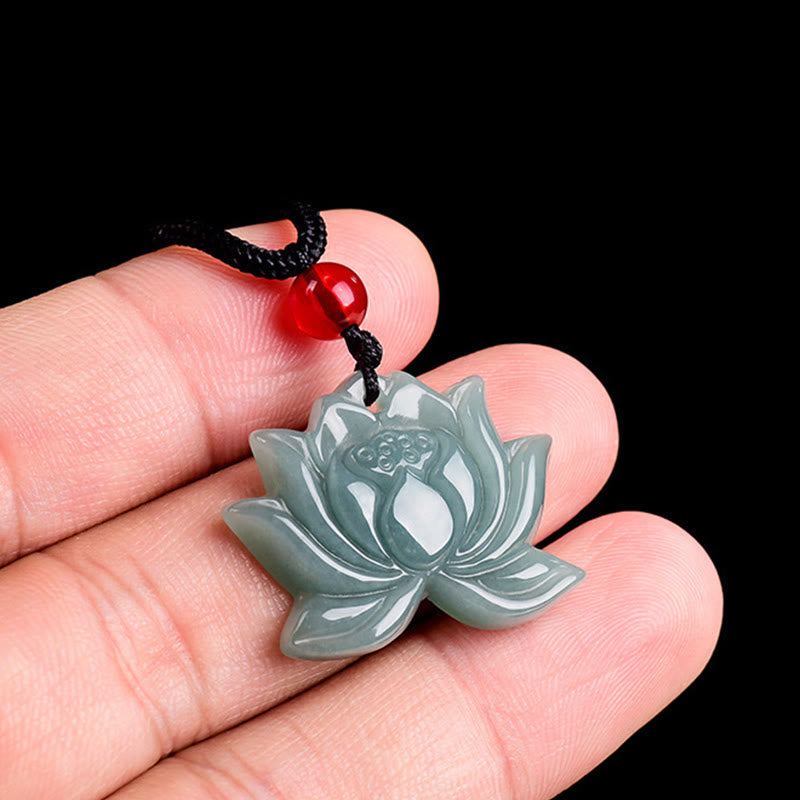 EverestArtstudios Lotus Flower Pattern Carved Jade Prosperity Necklace Pendant