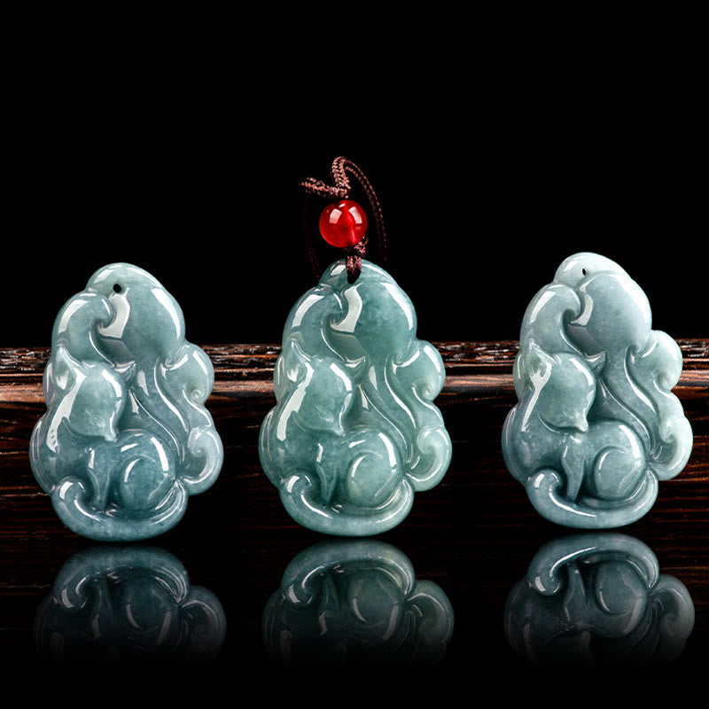 EverestArtstudios Natural Green Jade Nine Tailed Fox Fairy Prosperity Necklace Pendant