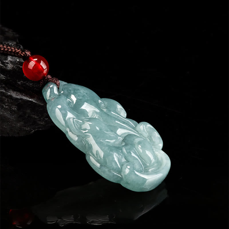 EverestArtstudios Natural Green Jade Nine Tailed Fox Fairy Prosperity Necklace Pendant