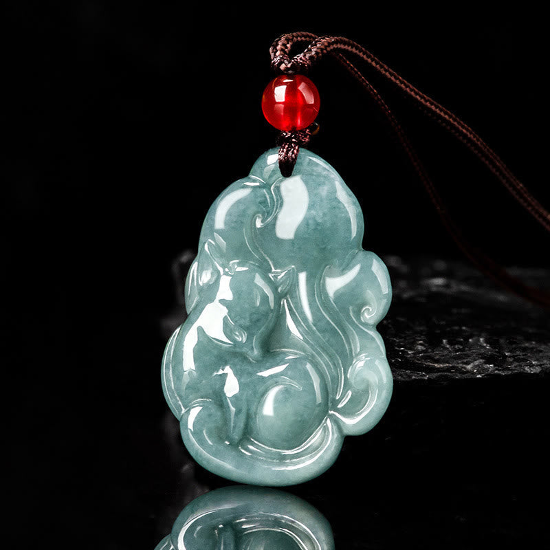 EverestArtstudios Natural Green Jade Nine Tailed Fox Fairy Prosperity Necklace Pendant