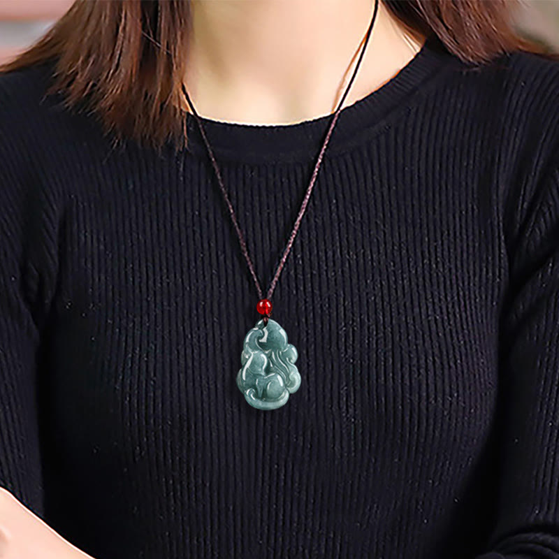 EverestArtstudios Natural Green Jade Nine Tailed Fox Fairy Prosperity Necklace Pendant