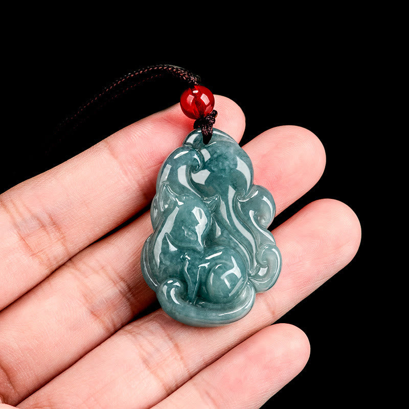 EverestArtstudios Natural Green Jade Nine Tailed Fox Fairy Prosperity Necklace Pendant