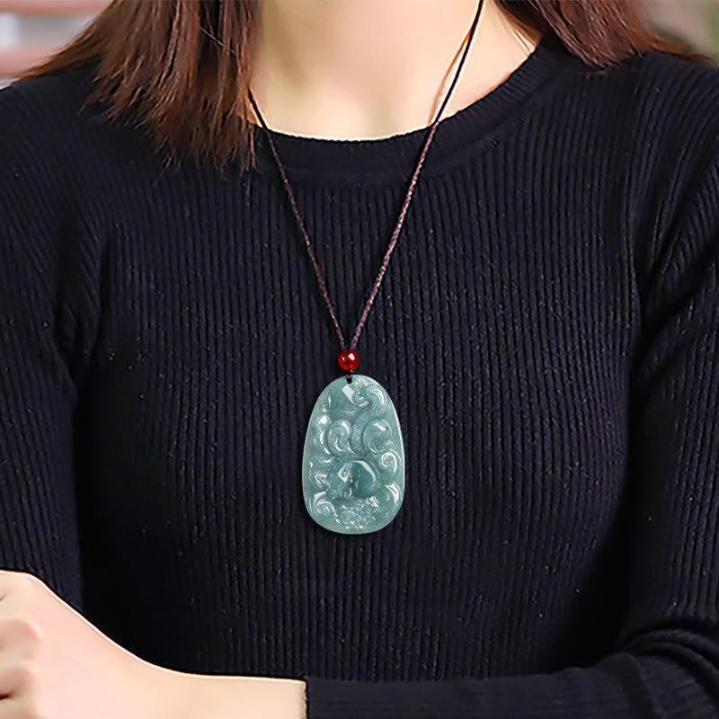 EverestArtstudios Natural Green Jade Nine Tailed Fox Flowers Luck Necklace Pendant