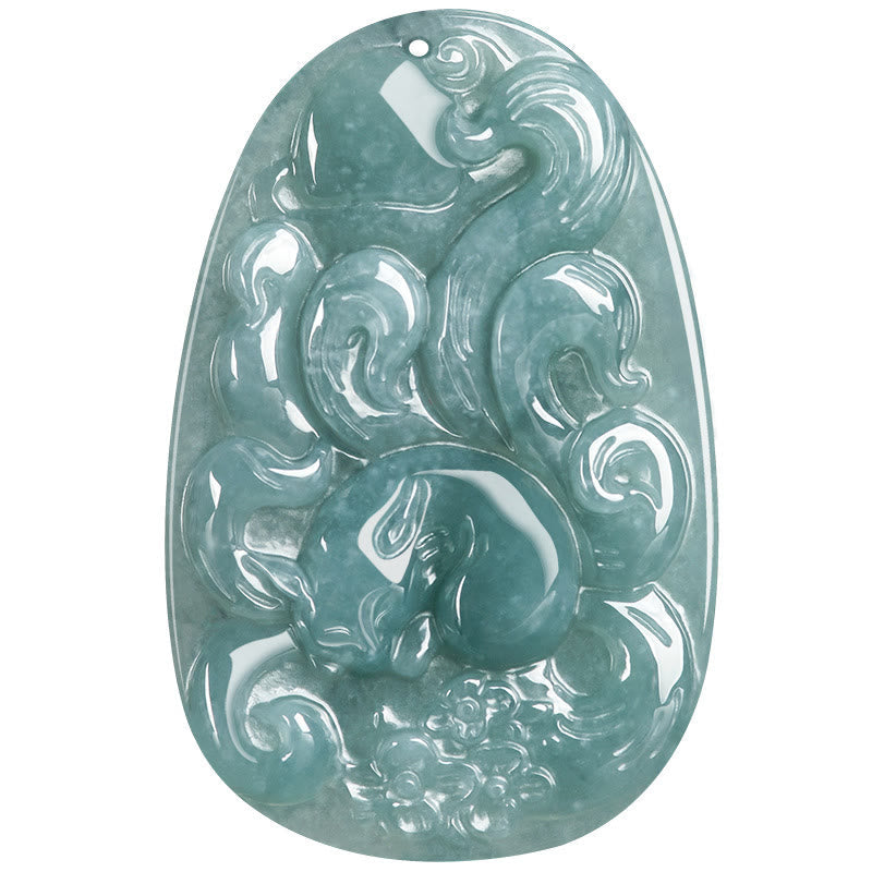 EverestArtstudios Natural Green Jade Nine Tailed Fox Flowers Luck Necklace Pendant
